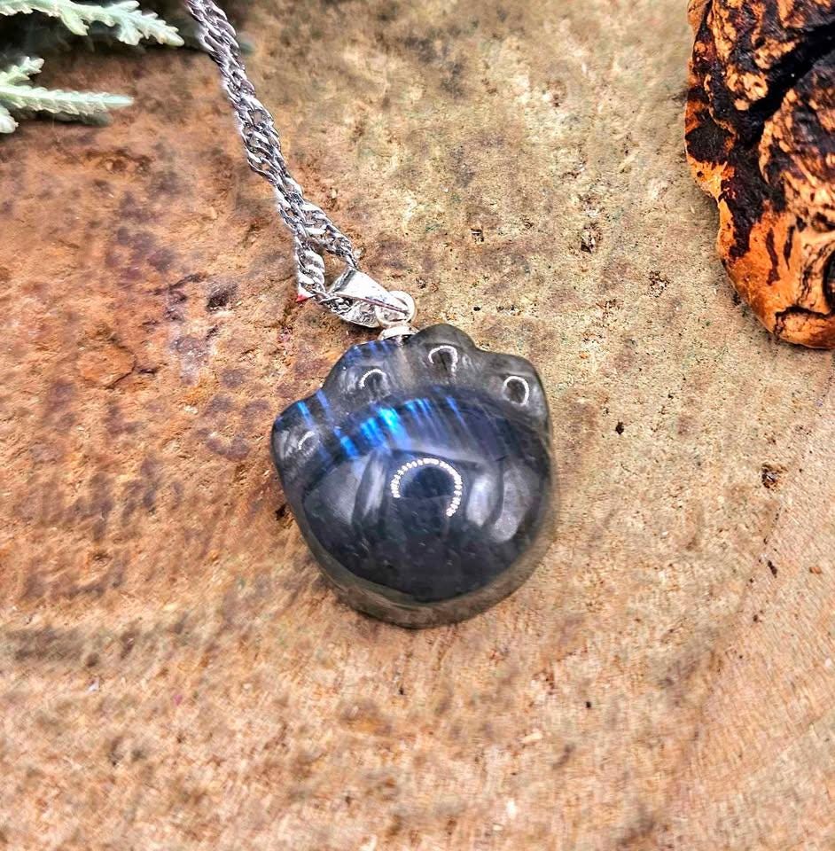 Nature Labradorite Carved Flashy Cute Animal Paw Pendant Necklace