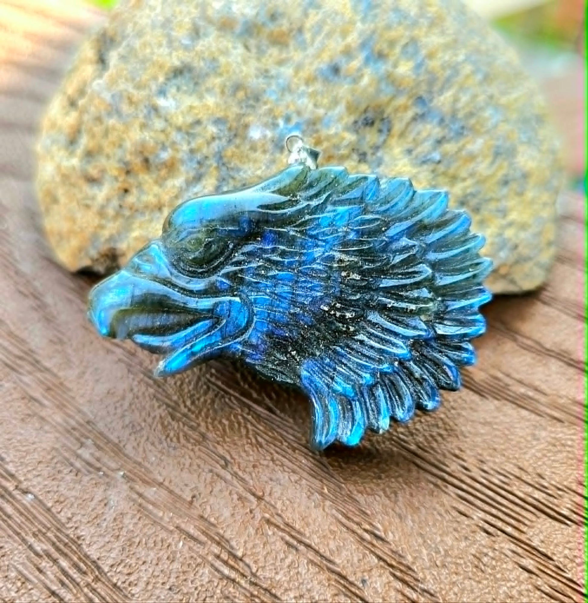 Labradorite flashy eagle head pendant necklace carving detail — My Aura Gemstones
