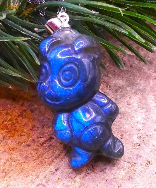 Nature Labradorite Flashy  Carved Cute Dog Pendant Necklace