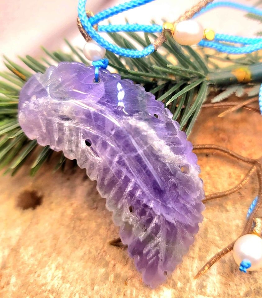 Beautiful Nature Fluorite Carved Purple leaf 2.2" Pendant Necklace