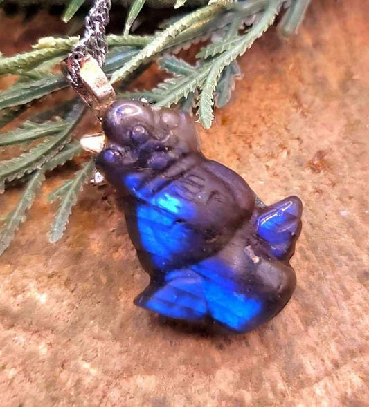 Nature Labradorite Flashy Carved Flying Angel Pendant Necklace