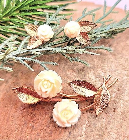 14K Gold Filled AMCO Floral Leaf Rose Brooch & Screw Back Earring