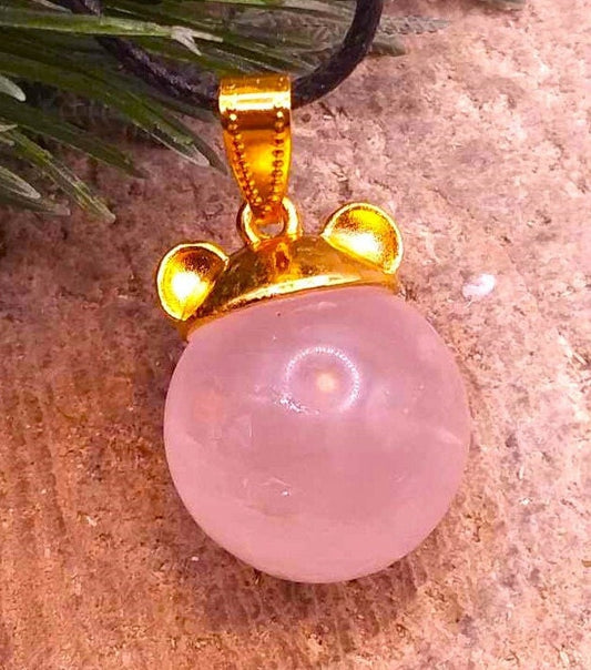Cute Nature Rose Quartz Sphere Gold Bear Head Pendant Necklace