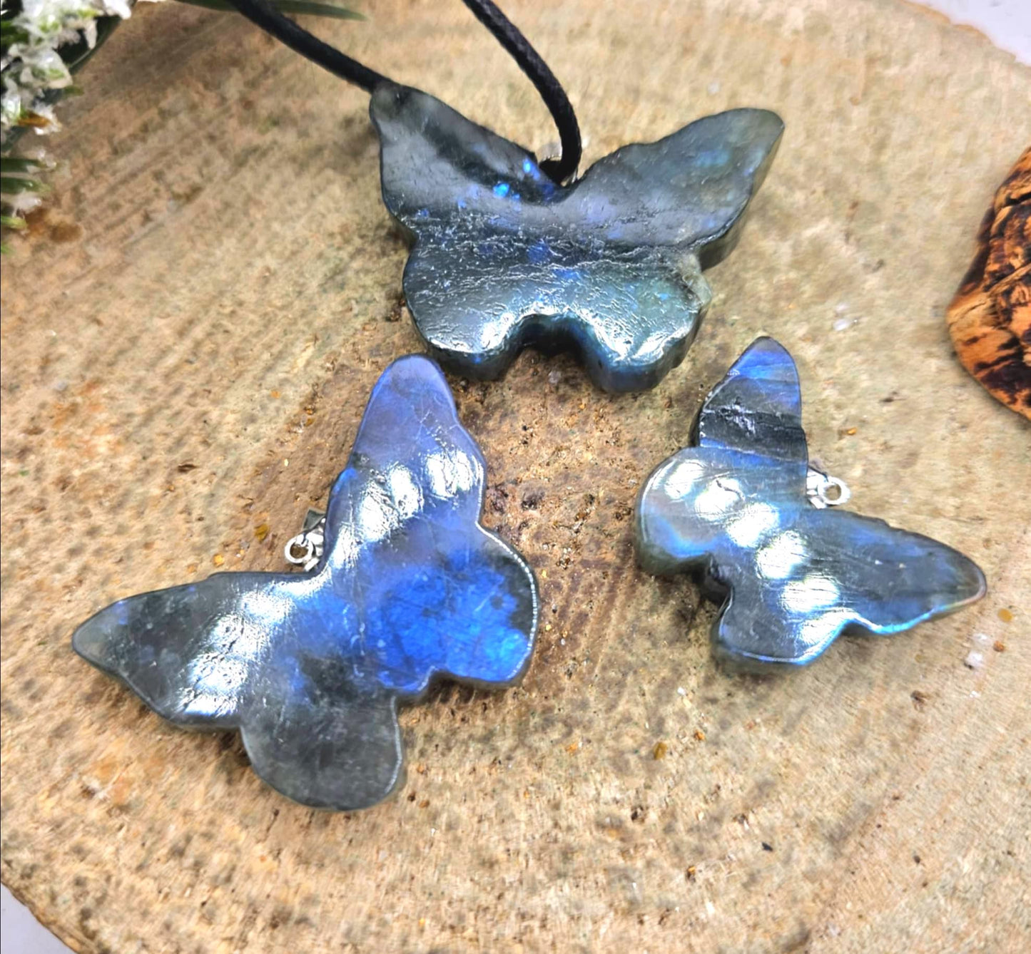 Nature Labradorite Carved Hidden Skull Butterfly Pendant Necklace