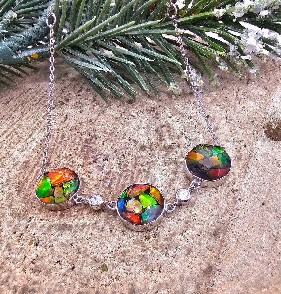 Nature Rainbow Flashy Ammolite Inlay 925 Bracelet