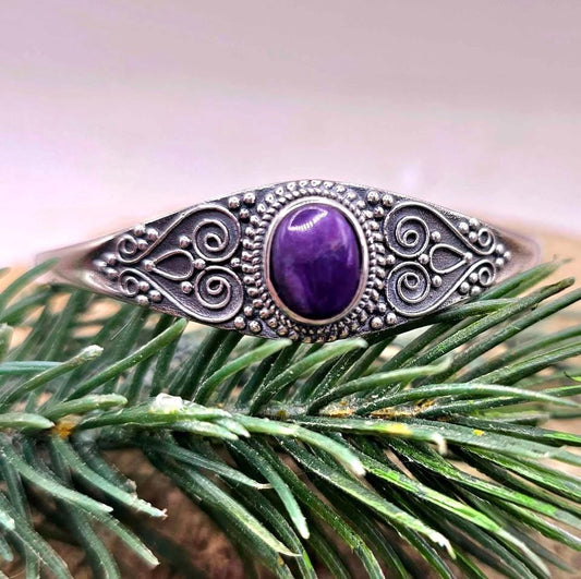 Nature Sugilite Sterling Silver S925 Stamped Cuff Bangle