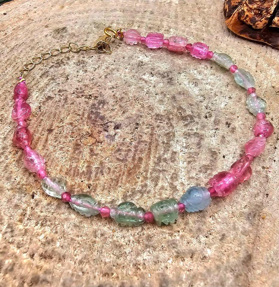 Premium Grade Nature Tourmaline Hand Carve Ruffled Candy 925 Bracelet
