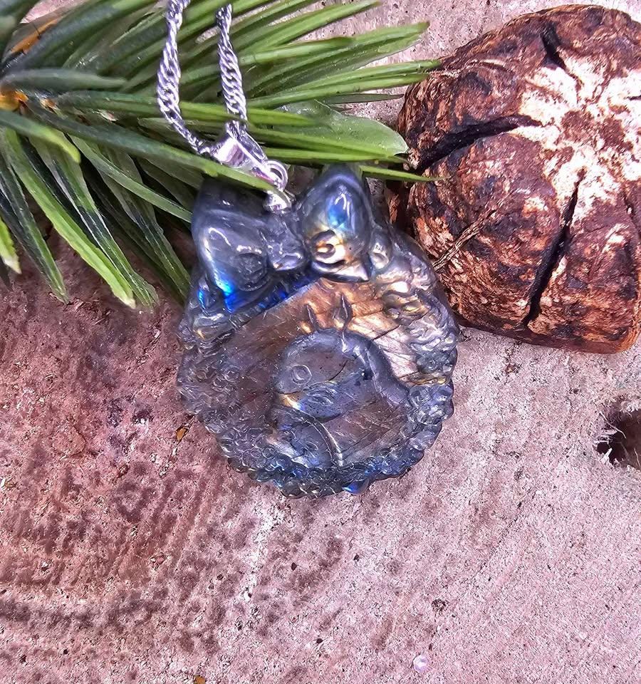 Nature Labradorite Flashy Forest God Portrait Pendant Necklace