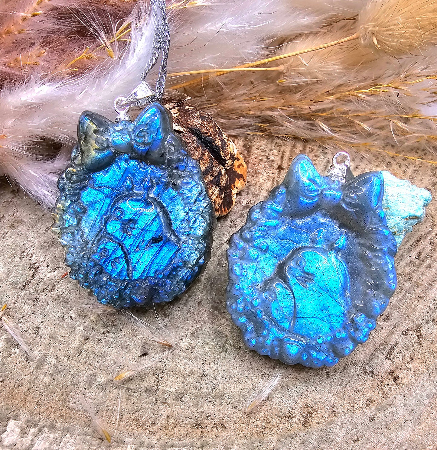 Nature Labradorite Flashy Totoro Portrait Pendant Necklace