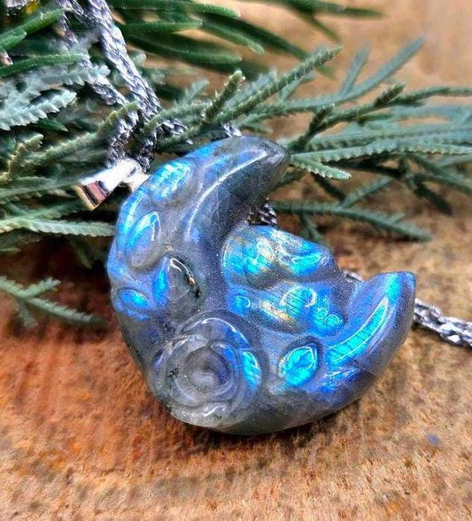 Nature Labradorite Flashy Sleeping Rabbit On Blossom Moon Pendant Necklace