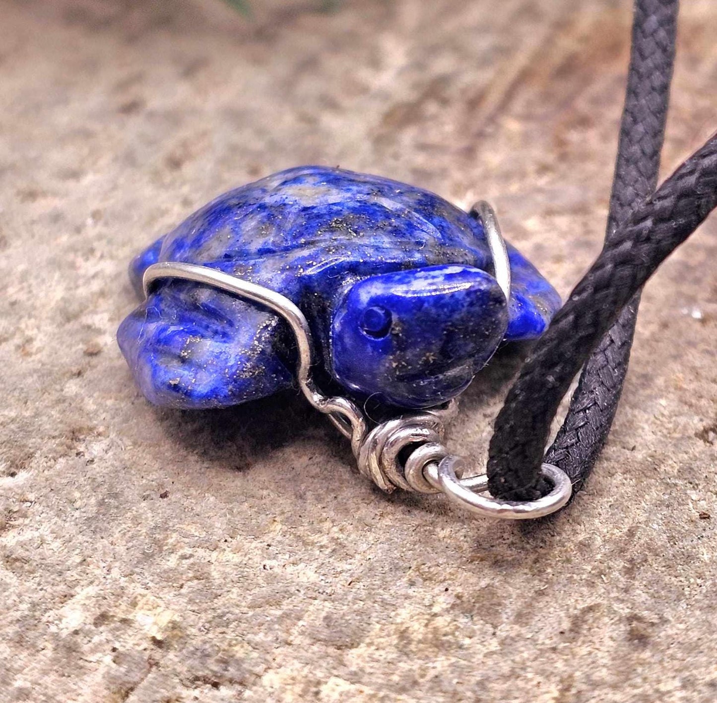 Nature Lapis Lazuli Carved Cute Turtle Wire Wrapped Pendant Necklace