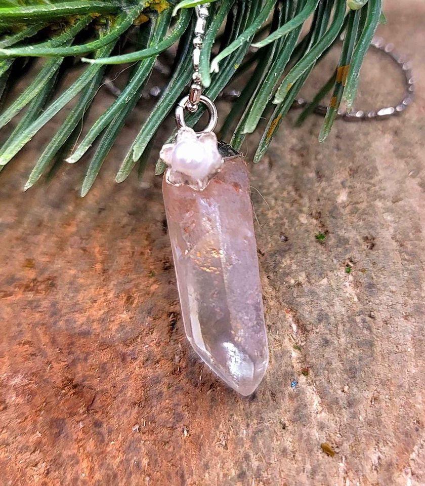 Beautiful Rainbow Aura Nature Crystal Point With Flower Pendant Necklace