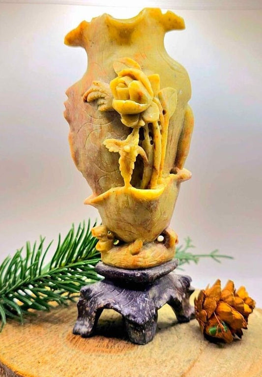 Beautiful Nature Soapstone Hand Carved Blossom Floral 6" Vintage Vase