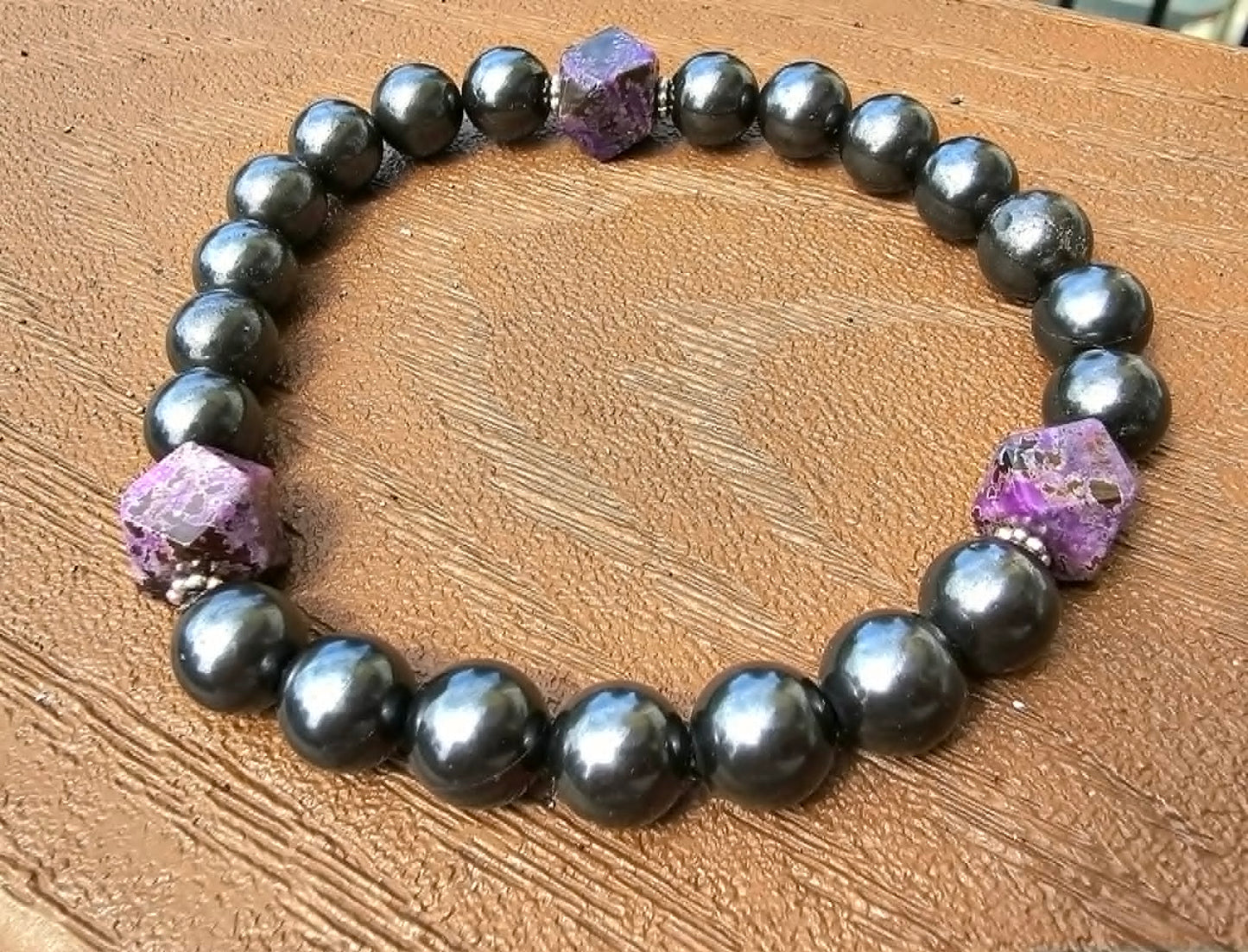Custom Iron Sugilite Bracelet – Natural Iron Sugilite Round Beads with 3 Purple Sugilite Accent Stones