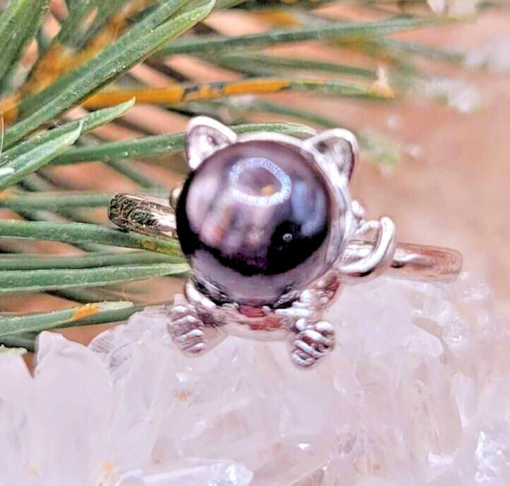 Adorable Nature Hypersthene Cat Eye Flash Silver Cat Design Adjustable Ring