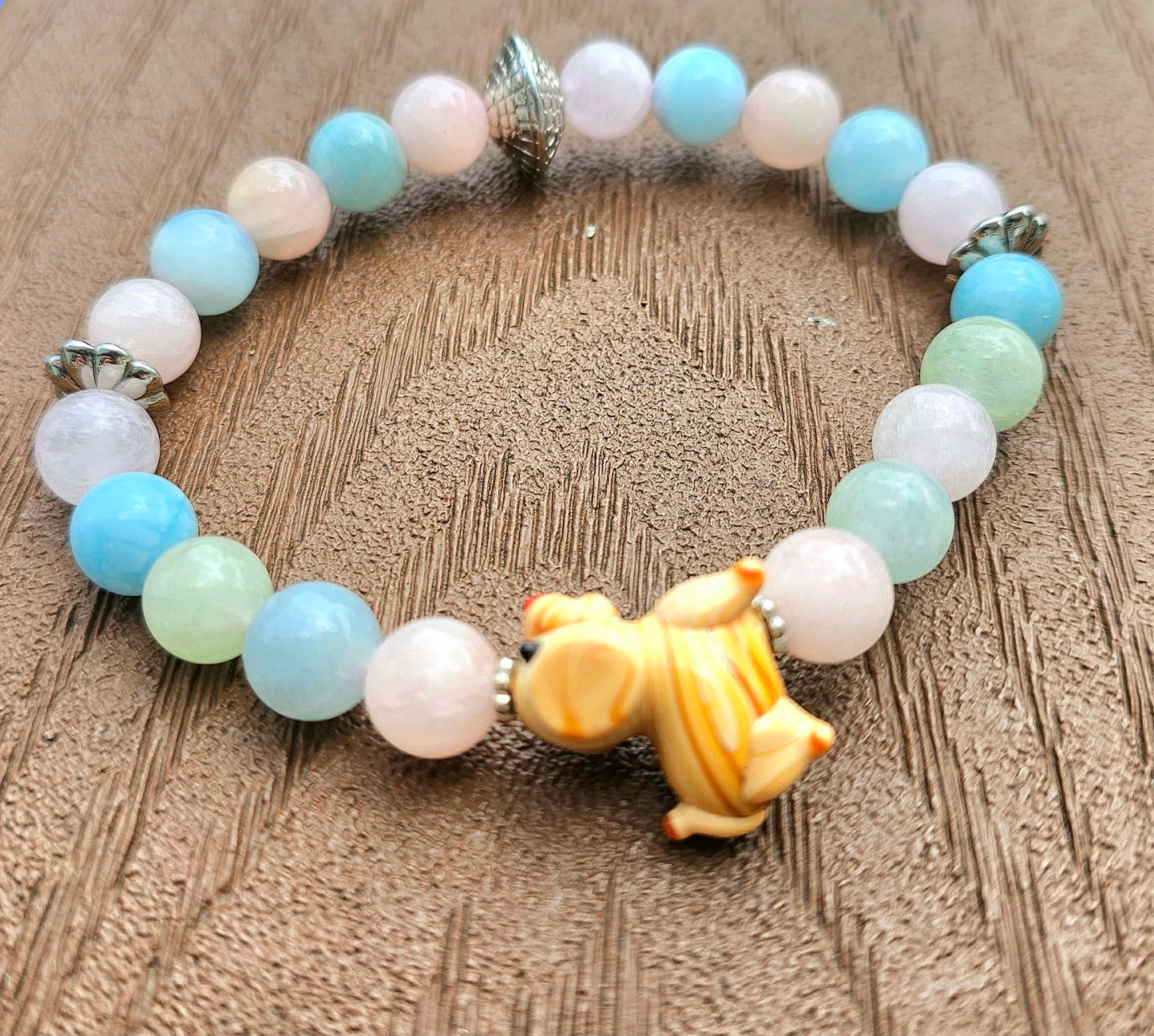 Pastel Morganite Bracelet with Hand‑Carved Dog Glass Bead | Natural Morganite Healing Crystal | Calming Energy & Heart Chakra Support