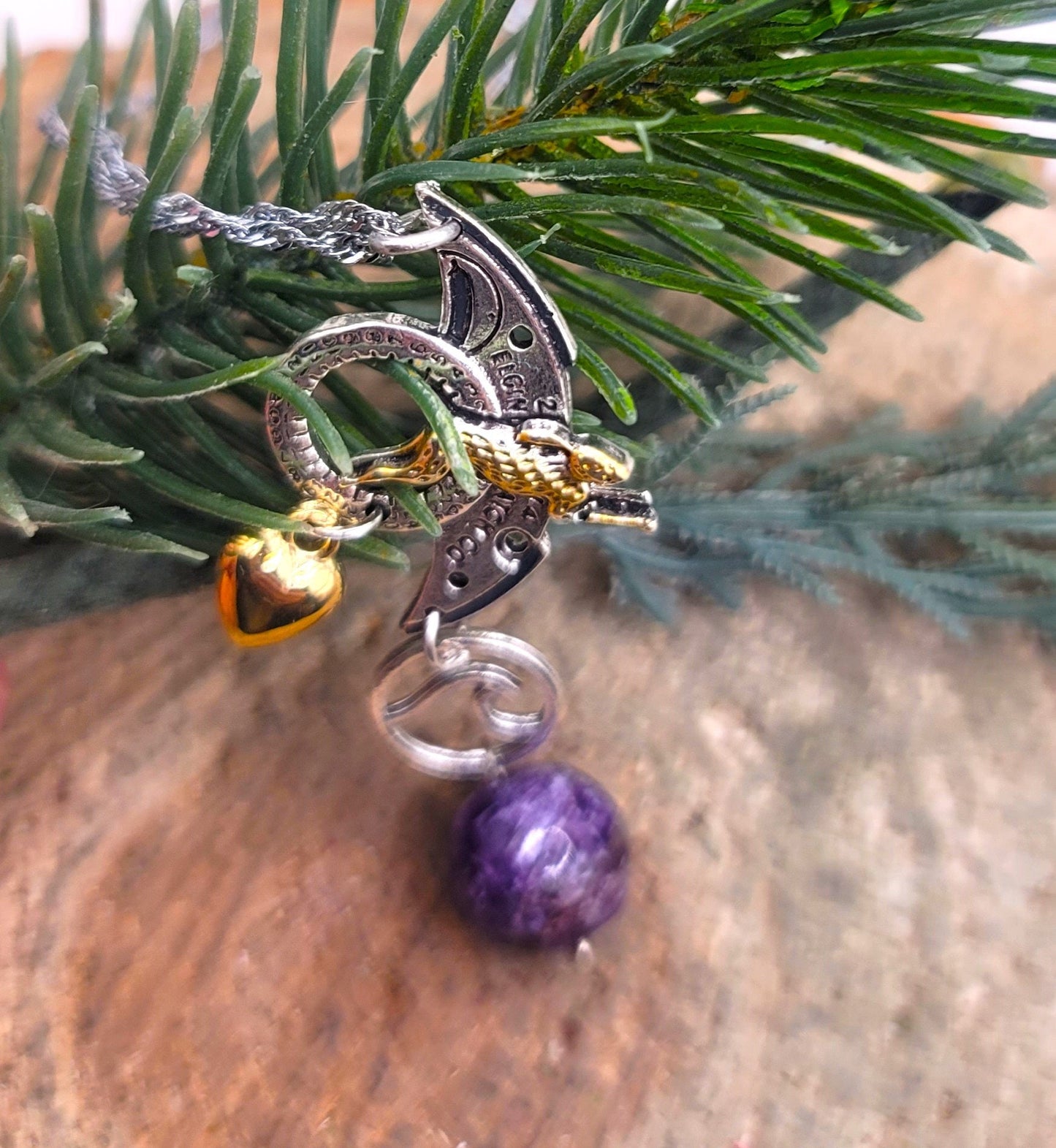 Nature Purple Charoite With Flying Rabbit Charm Pendant Necklace