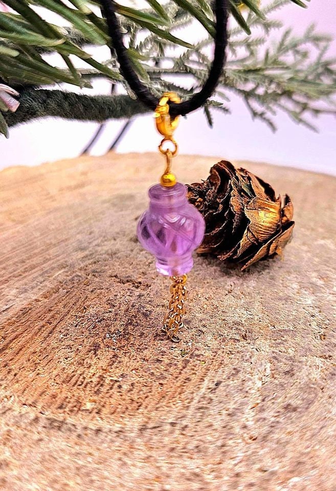 Unique Nature Amethyst Hand Carved Oriental Lantern Pendant Necklace