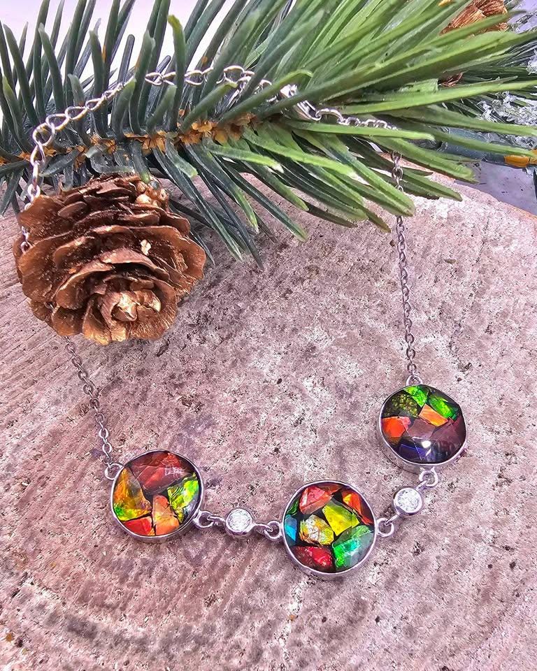 Nature Rainbow Flashy Ammolite Inlay 925 Bracelet