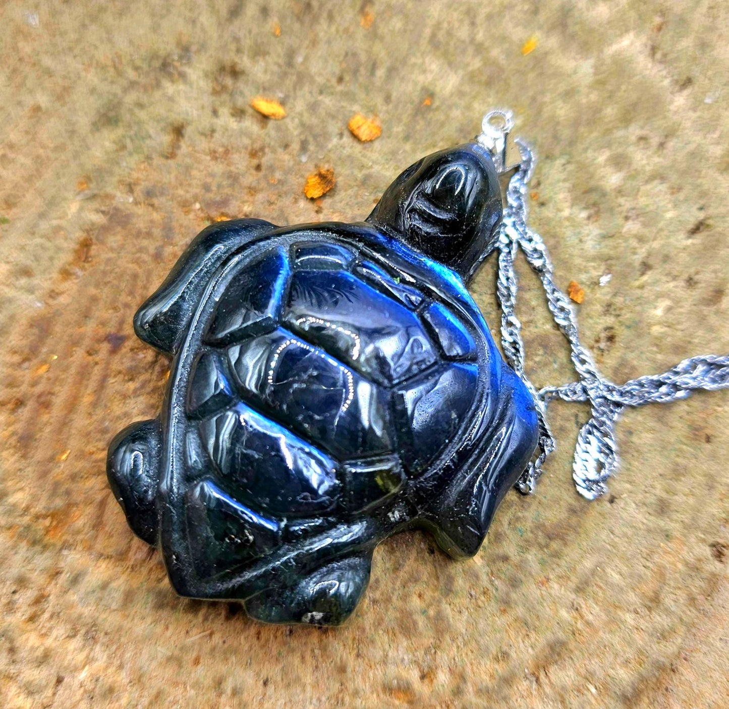 Nature Labradorite Carved Big Sea Turtle  Pendant Necklace