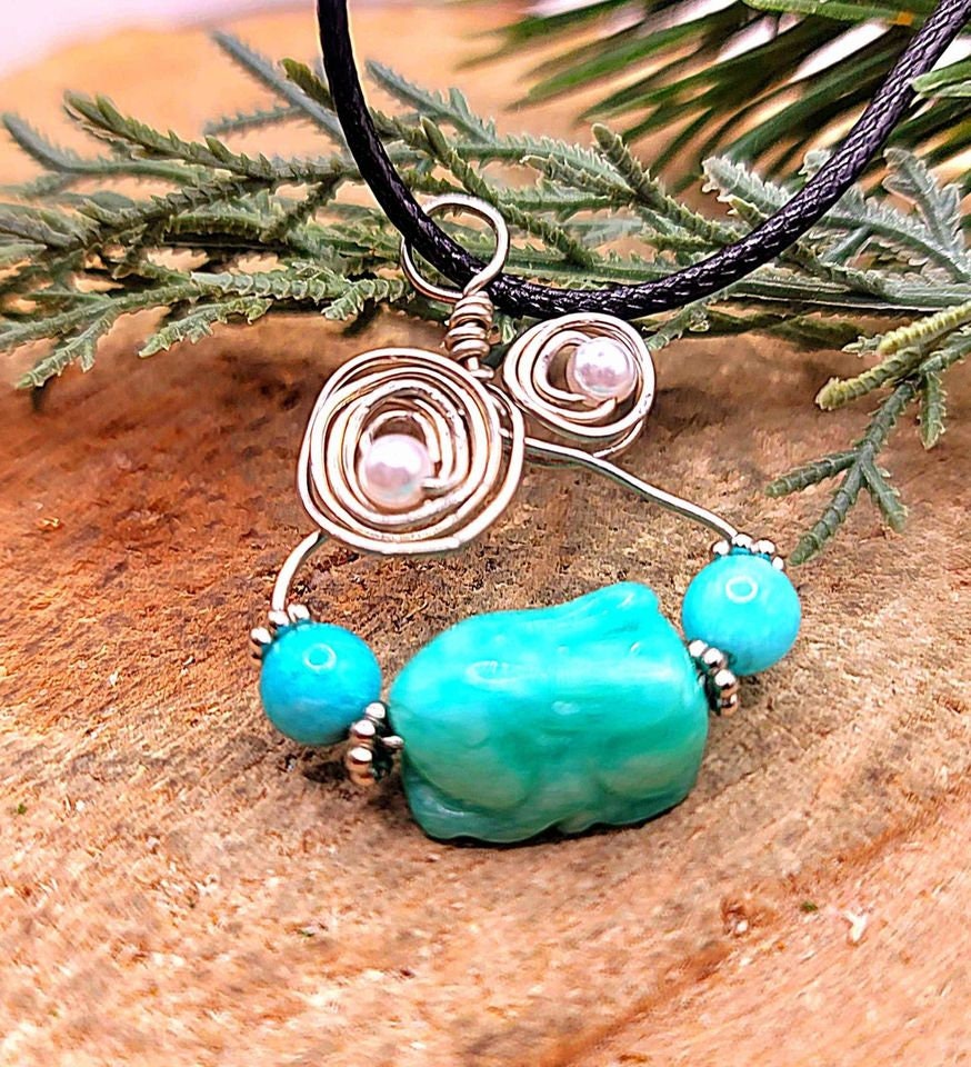 Beautiful Nature Amazonite Hand Carved Rabbit Wire Wrapped Pendant Necklace
