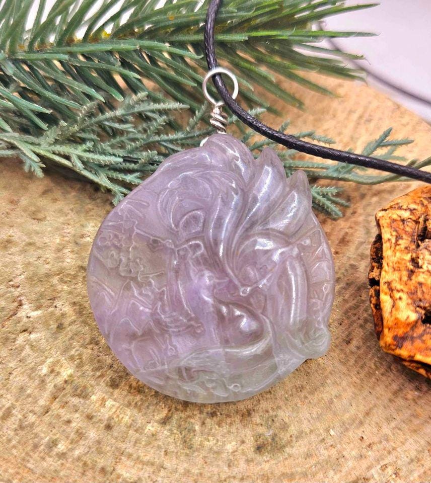 Nature Purple Fluorite Hand Carved Nine Tails Fox Pendant Necklace