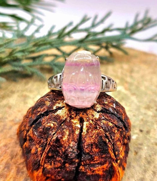 Nature Rainbow Fluorite  Carved Blessing Pi Xiu Adjustable Ring