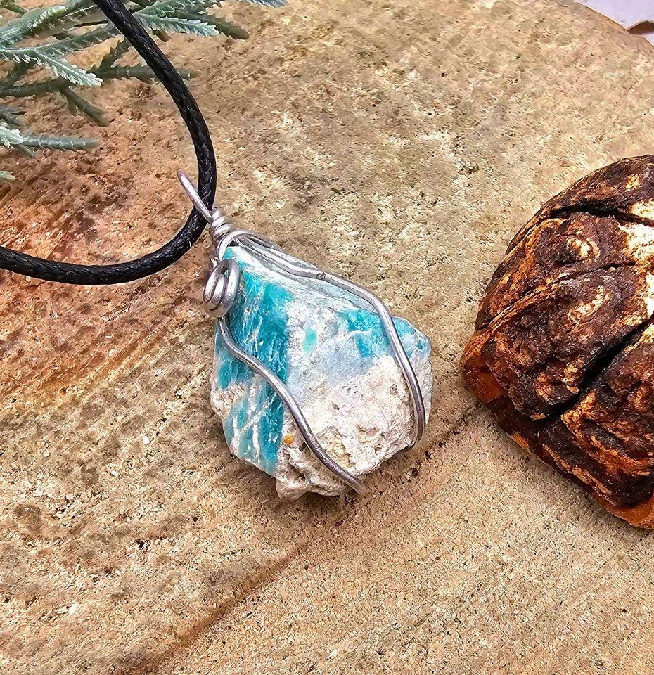 Nature Amazonite Raw Stone Wire Wrapped Pendant Necklace