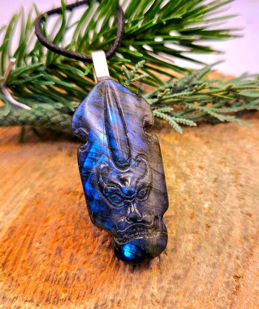 Nature Labradorite Carved Evil Shield Pendant Necklace