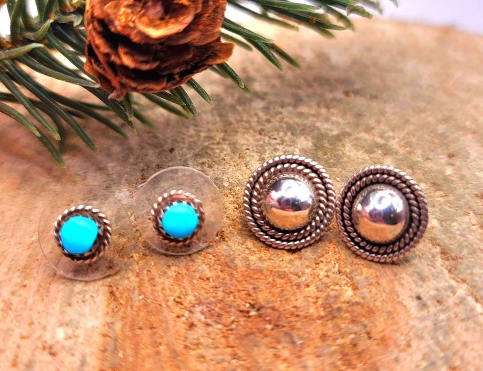 Beautiful 2 Pairs Of Nature Turquoise & Sterling Silver Patterned Earstuds