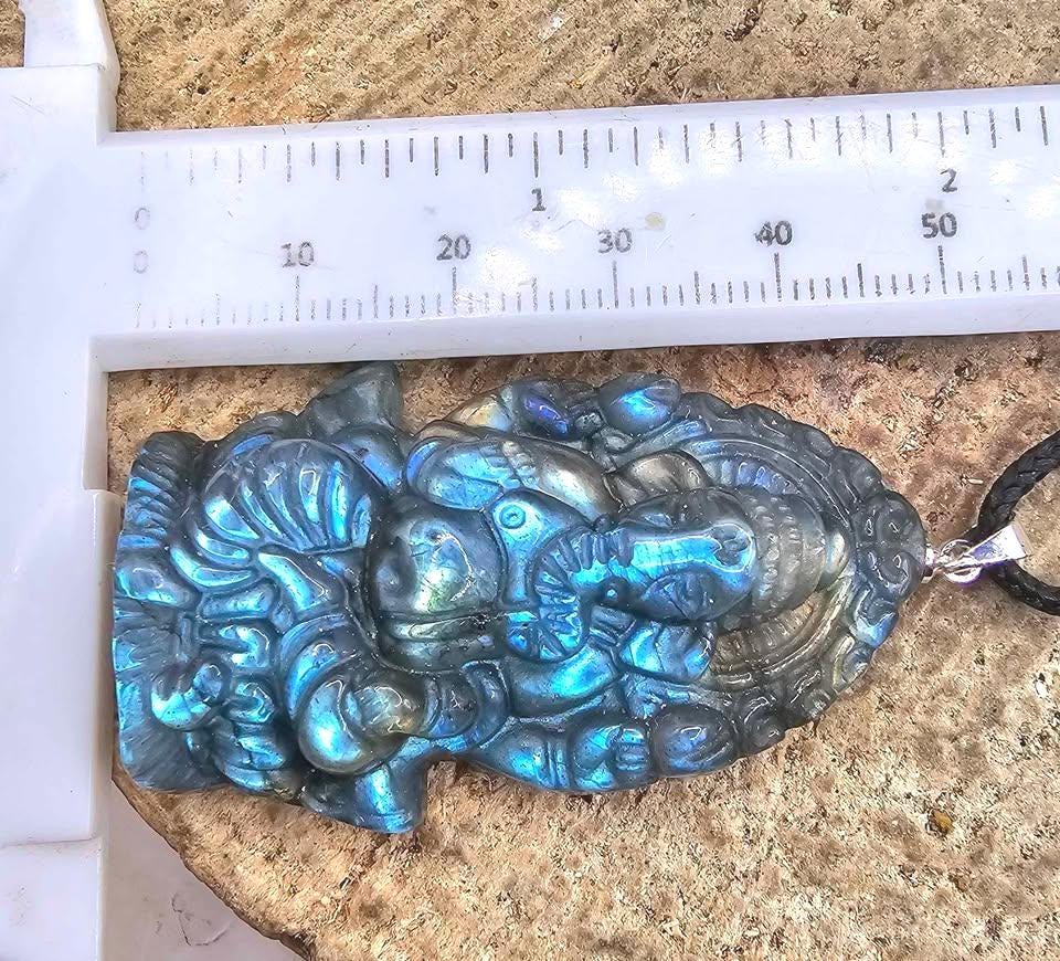 Nature Labradorite Flashy Carved Elephant God Ganesha Pendant Necklace