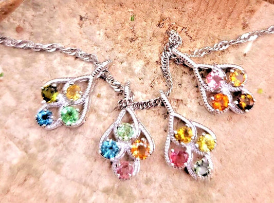 Nature Tourmalines Silver Feather Pendant Necklace