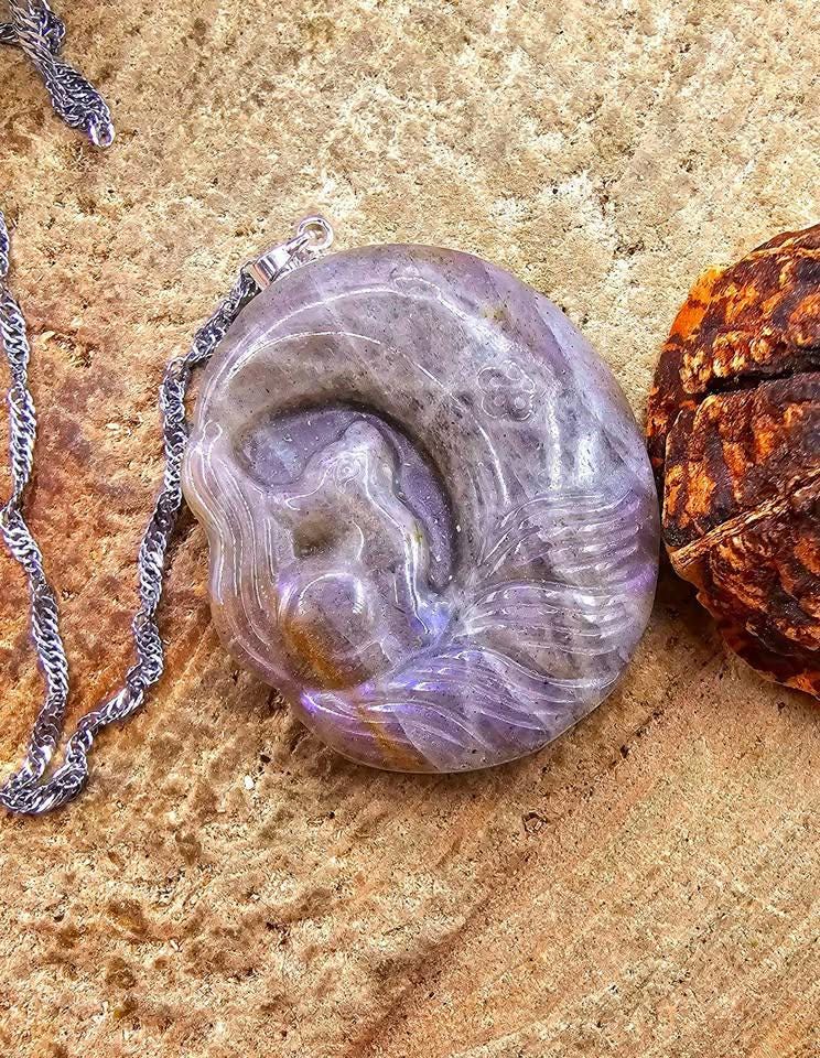 Nature Labradorite Carved Flashy Nine Tails fox On Moon Pendant Necklace