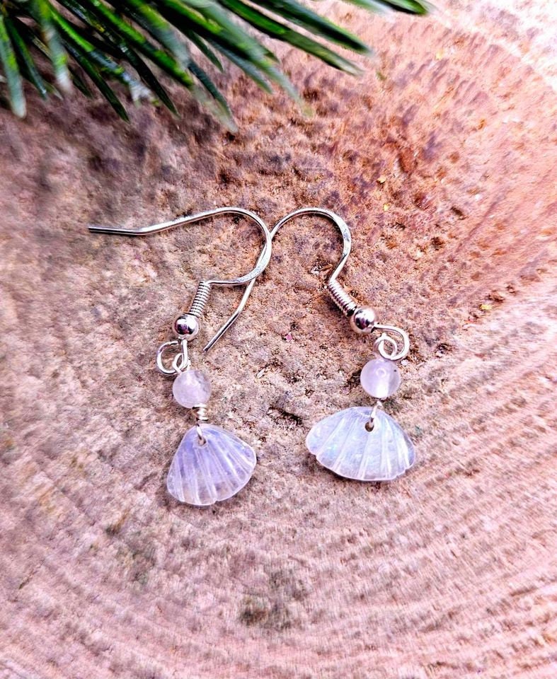 Beautiful Nature Moonstone Flashy Hand Carved Shell S925 Dangle Earring