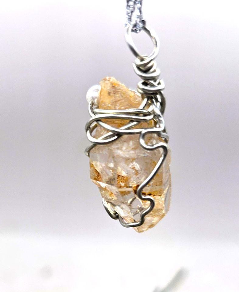 Beautiful Nature Skeletal Fenster Quartz Point Wire Wrapped Pendant Necklace
