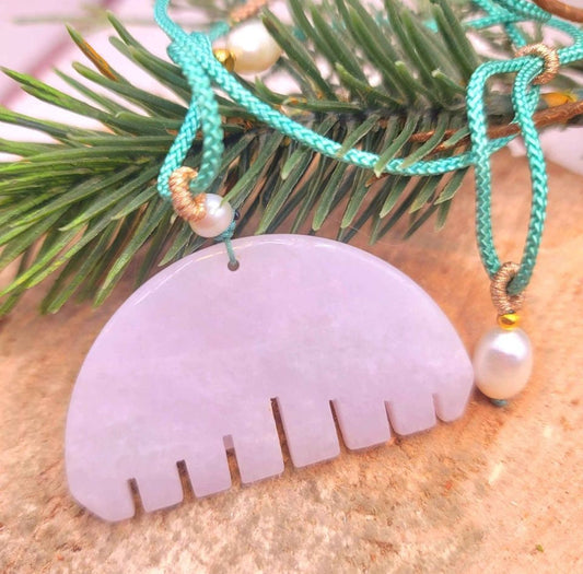 Beautiful Certified Nature Jade Hand Carved Comb Pendant With Pearl Adjustable Necklace