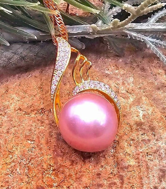 Nature Pinkish Purple Pearl S925 CZ Stone Pendant Necklace
