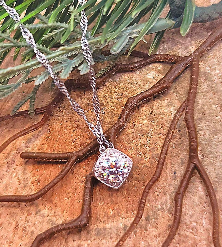 GRA 1ct D Certified Moissanite Diamond Square Charm Pendant Necklace