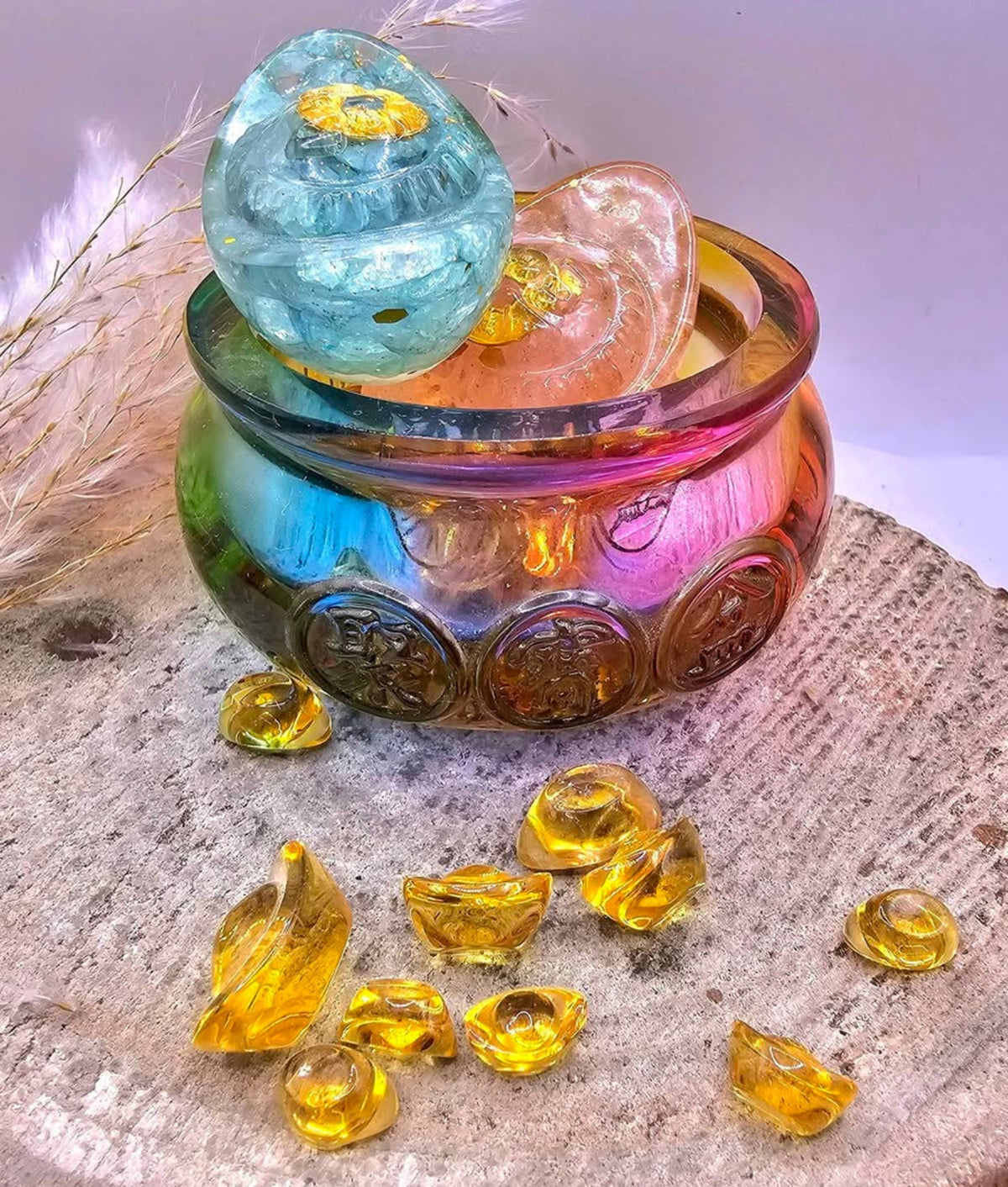 Feng Shui Treasure Bowl Filled With Gold Yuanbao Decor HD
