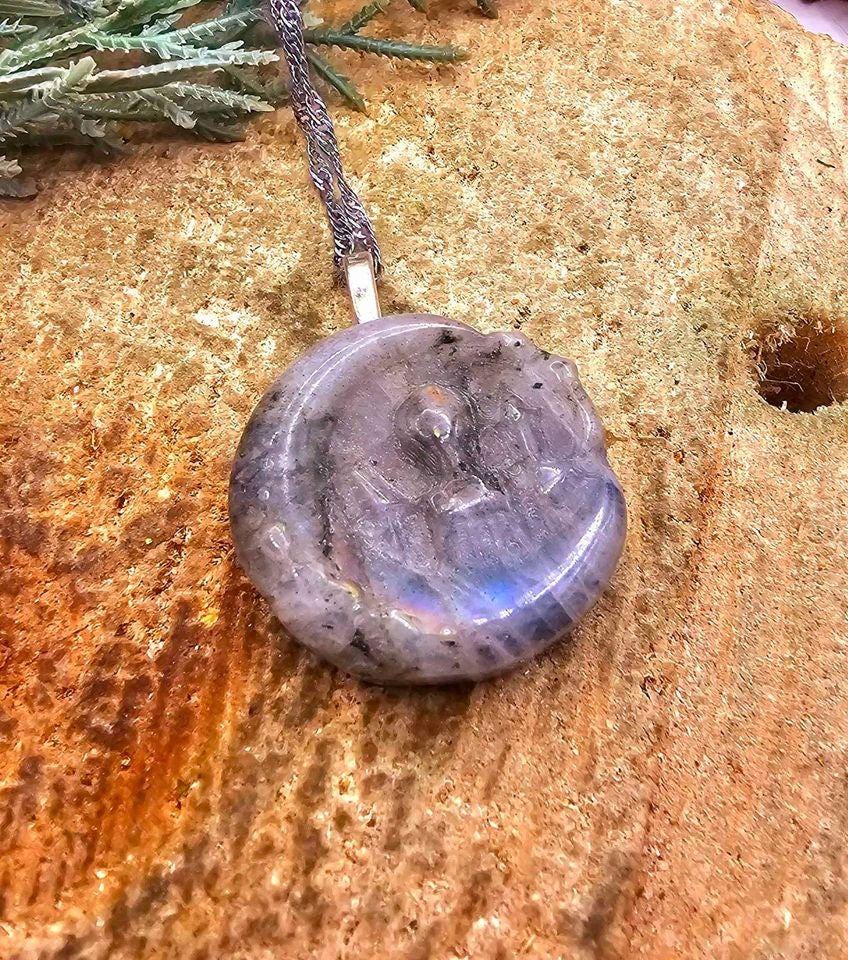 Nature Labradorite Rainbow Flash Hand Carved Castle On Moon Pendant Necklace
