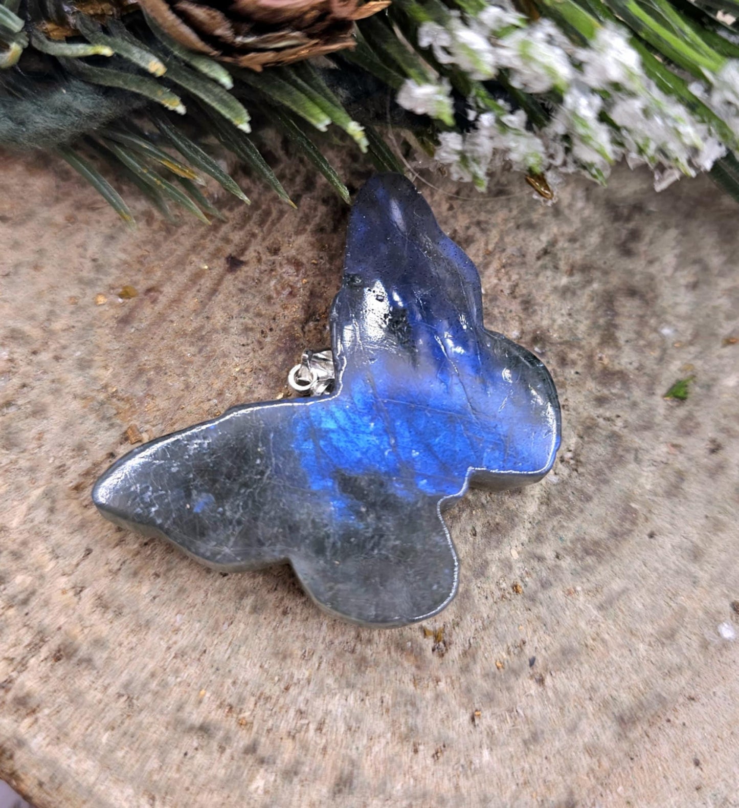 Nature Labradorite Carved Hidden Skull Butterfly Pendant Necklace