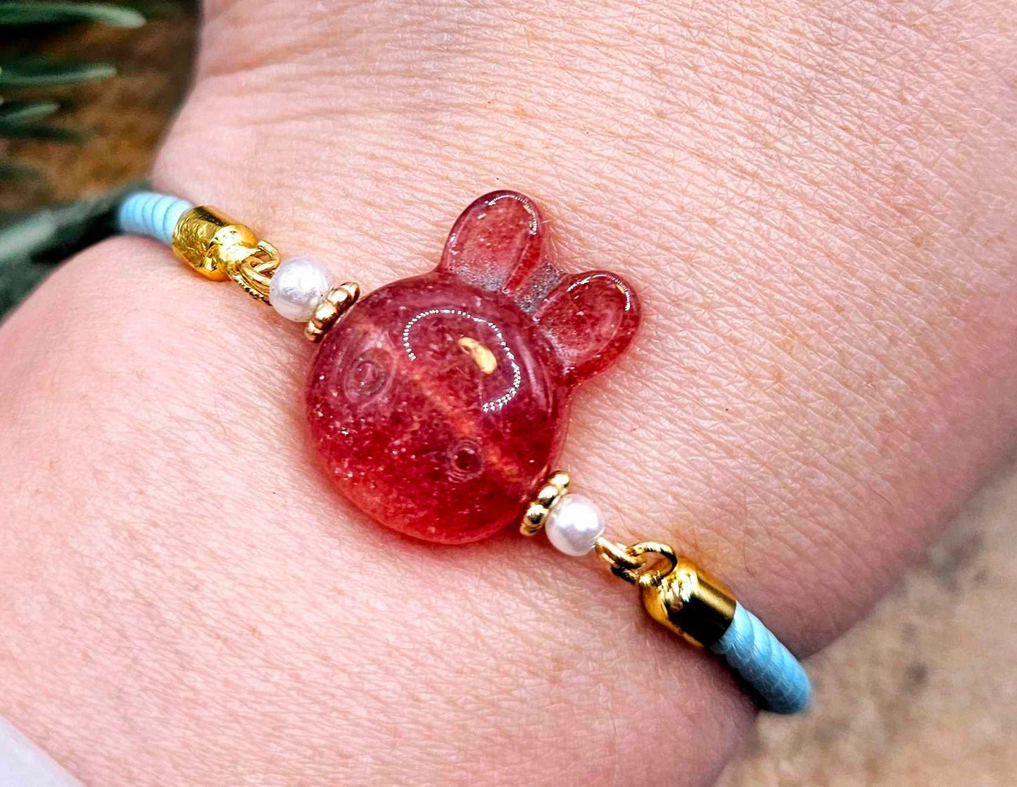 Nature Crystal Wood Rabbit Head Adjustable Blue Knitted Bracelet