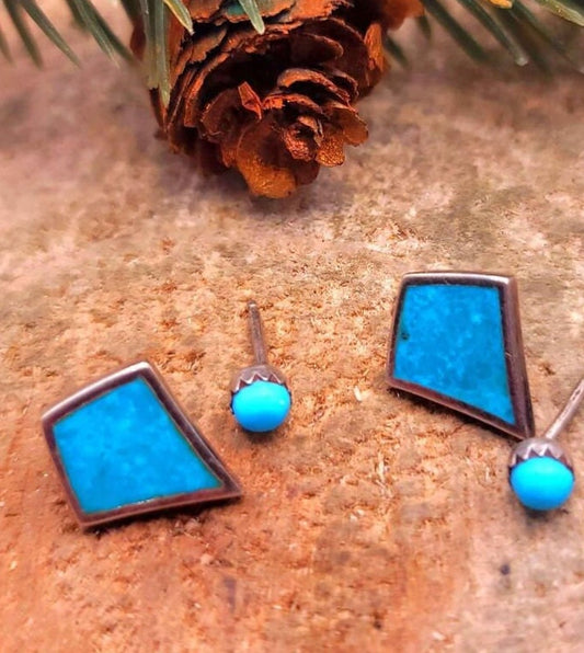 Beautiful 2 Pairs Of Nature Turquoise Diamond & Round Earstuds