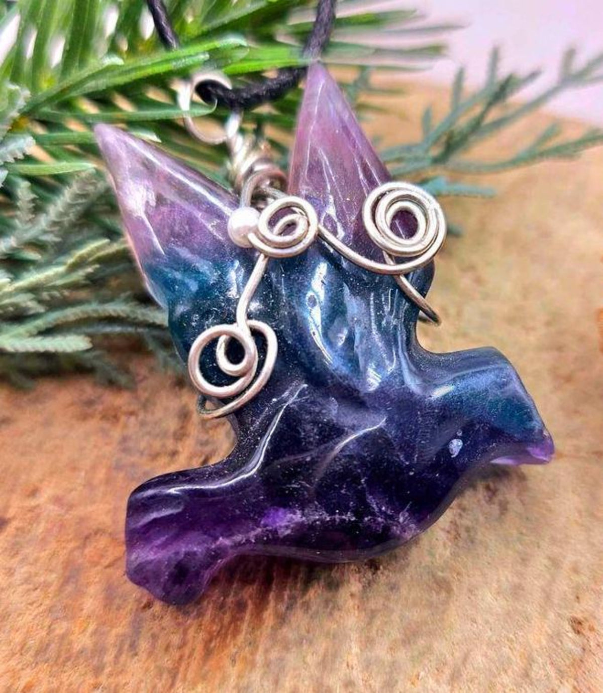 Fluorite Hand Carved Flying Dove Pendant Necklace HD