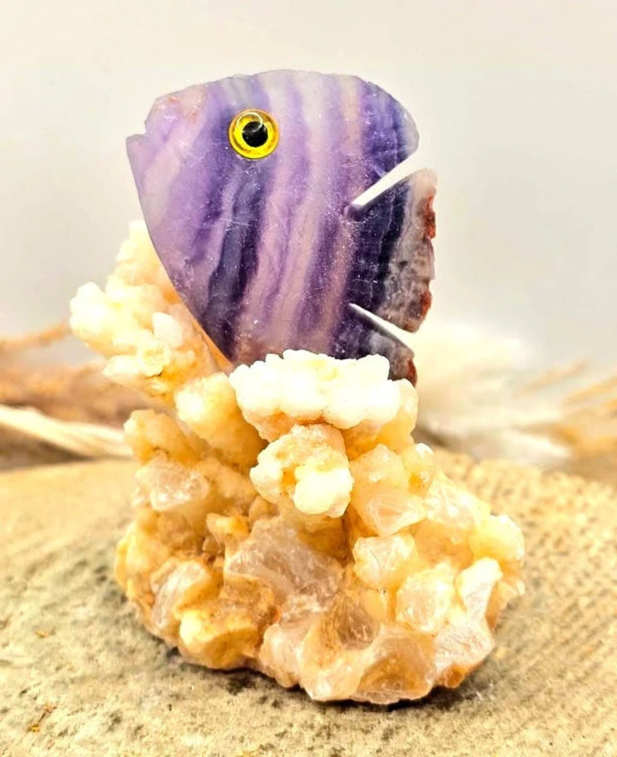 Natural Fluorite Hand Carved Fish With Calcite Stalactite Cluster