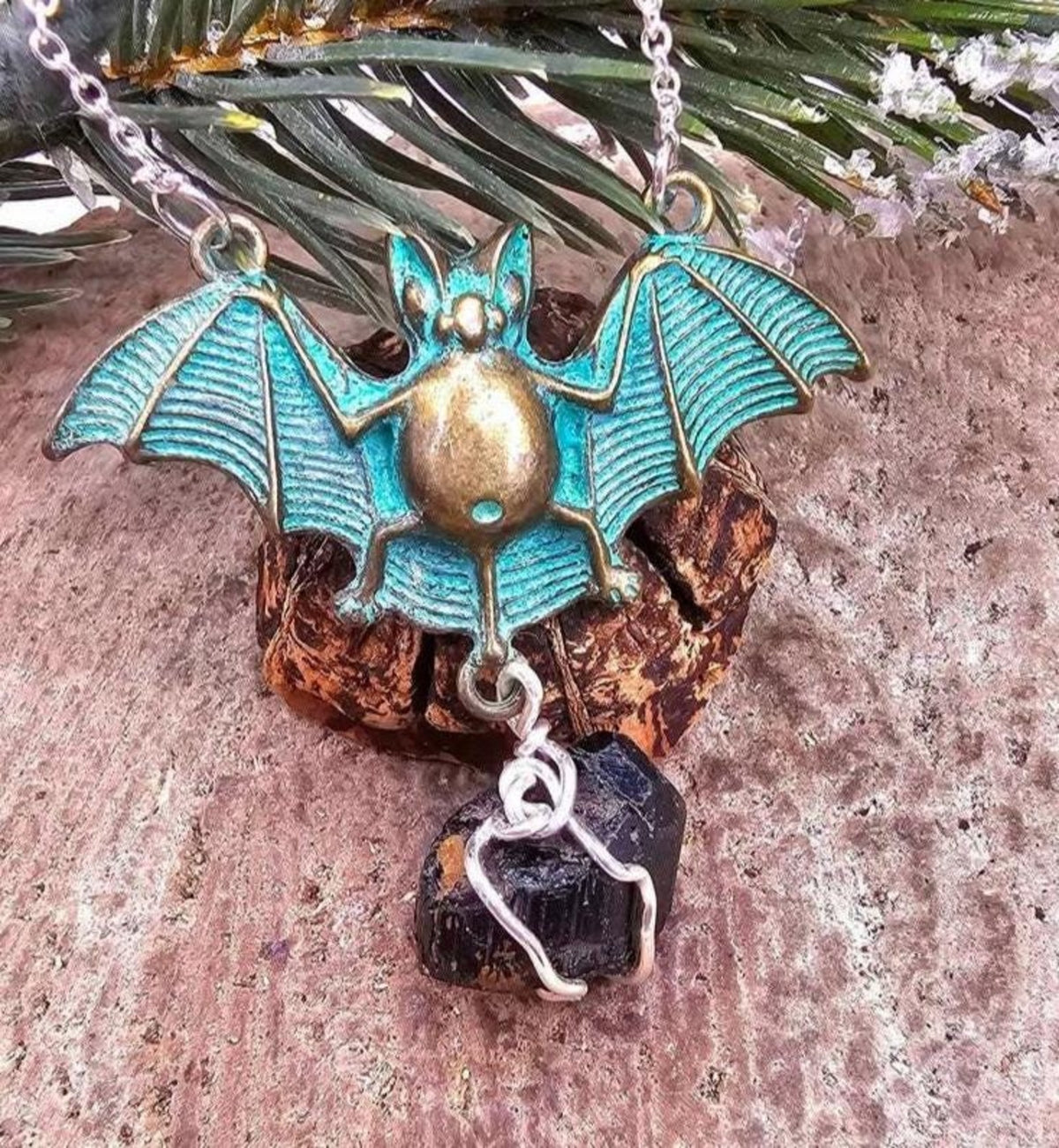 Flying Bat Black Tourmaline Raw Stone Pendant Necklace HD