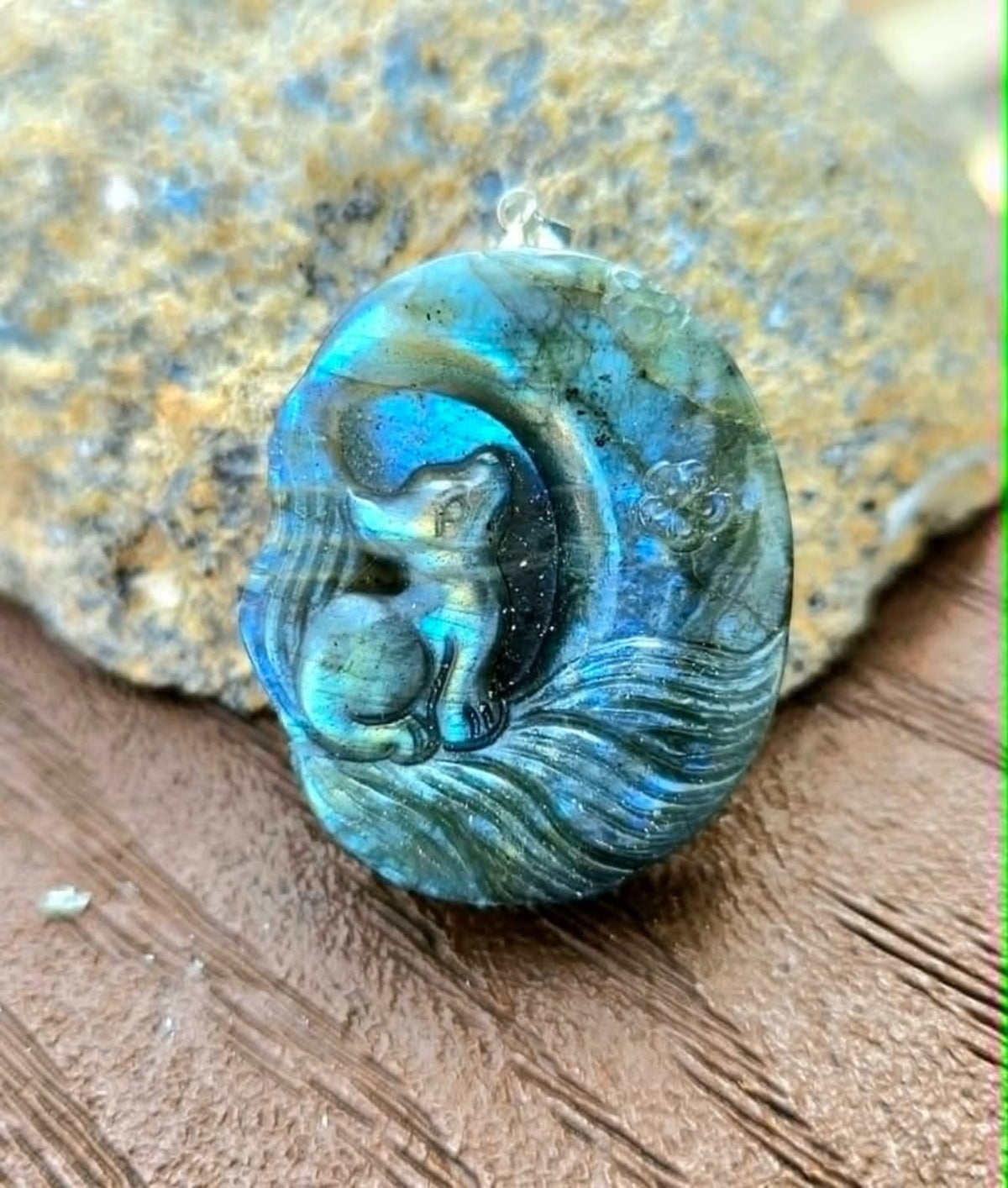 Natural Labradorite Nine Tails Fox And Moon Pendant Necklace - HD