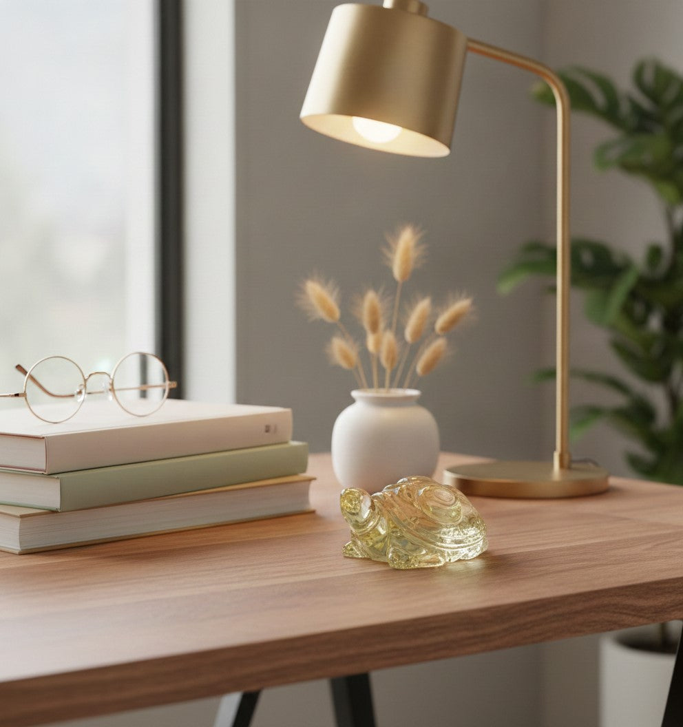 A modern brass desk lamp with a warm glowing shade, styled on a wooden desk next to a white vase with dried grass, a crystal turtle figurine, and a stack of books with round glasses on top-My Aura Gemstones