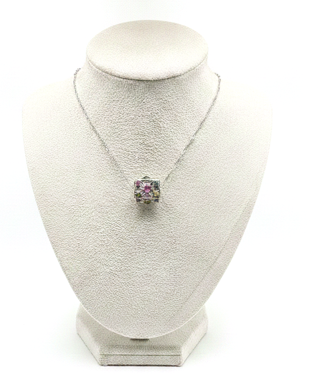 Natural rainbow faceted tourmaline rectangular cage crystal pendant necklace — My Aura Gemstones