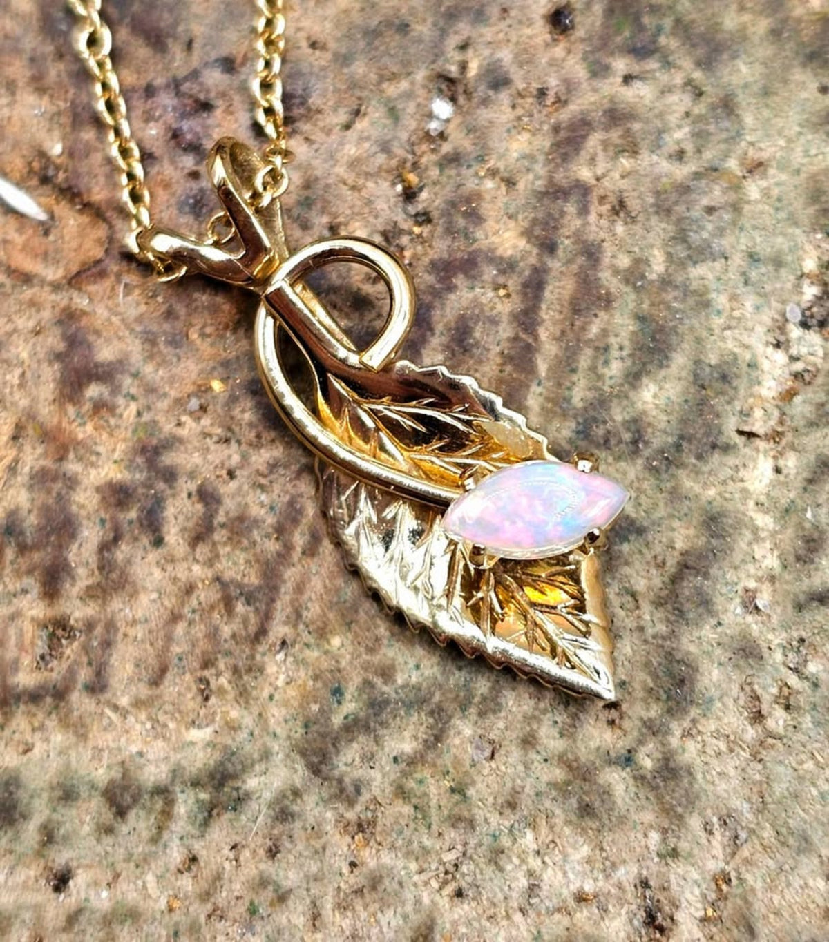 14K Gold Filled Opal Artistic Leaf Pendant Necklace HD